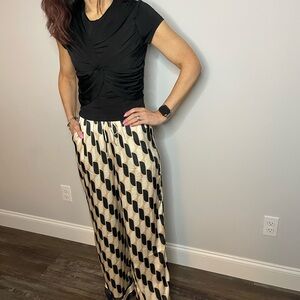 Skies Are Blue Black and Cream Geometric Women's Satin Pants